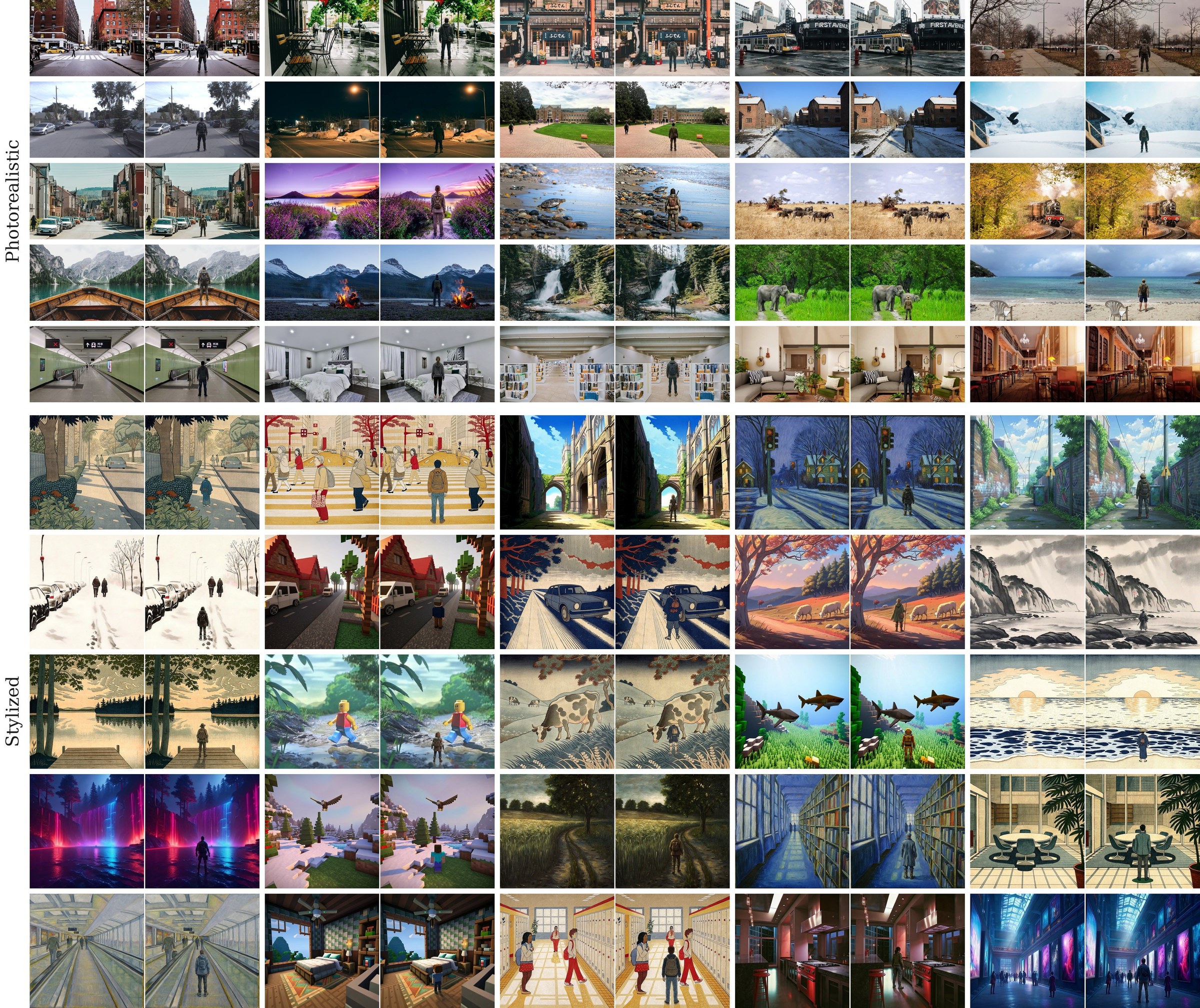 All 100 test images: photorealistic above, stylized below, each scene as a first-/third-person pair